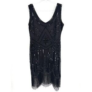 Black Sequin Flapper Dress Art Deco Gatsby Fringe Cocktail Party Sleeveless 2X